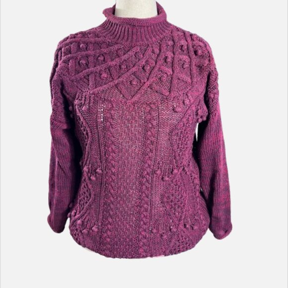 VTG Gina Peters Burgundy Cable Knit Roll Neck Bobble Sweater (Size M) - Picture 1 of 13